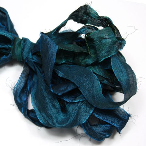 Ruban de soie de sari bleu paon pour couture, artisanat, art textile, création de bijoux